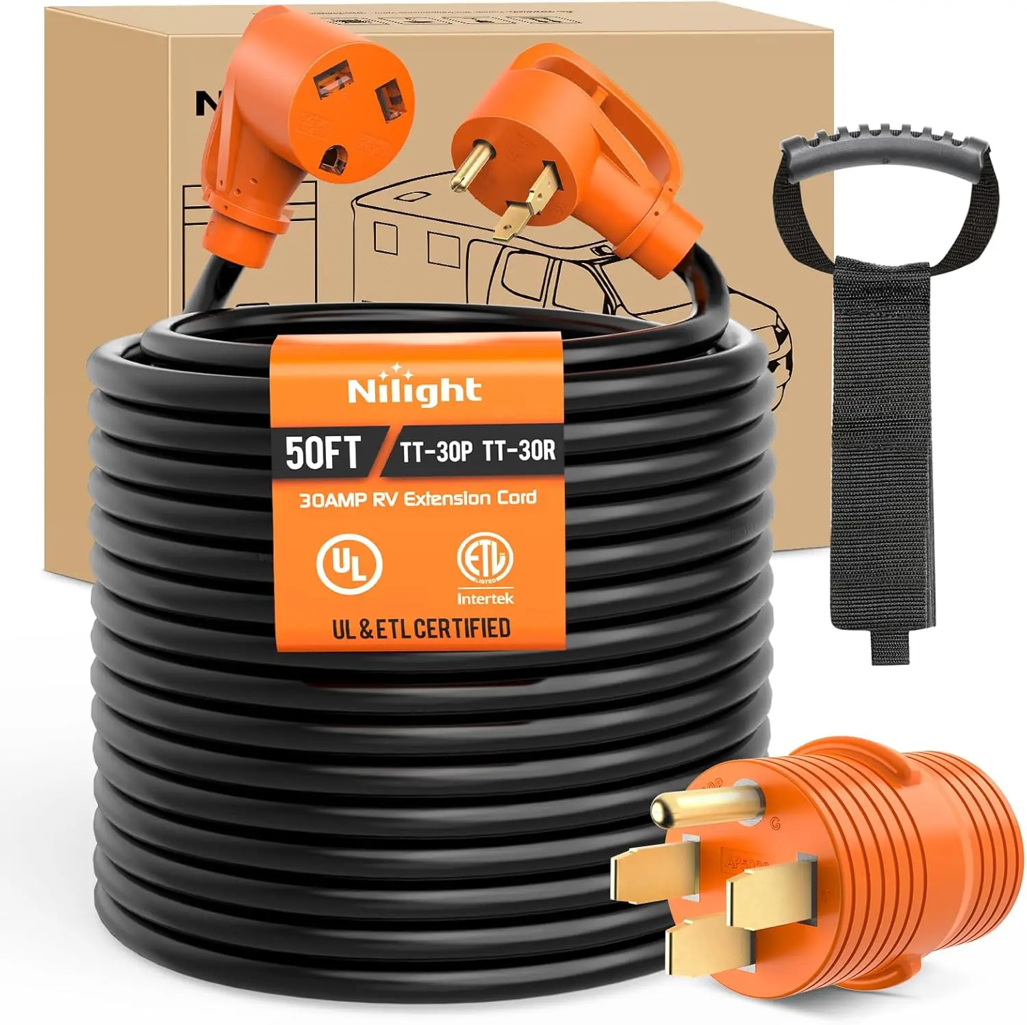 Nilight 50FT 30A RV Extension Cord with 50A-to-30A Adapter, 125V Heavy-Duty 10/3 Gauge Pure Copper STW Wire, UL ETL Listed 3-Prong TT-30P TT-30R, Weatherproof for RVs, Generators, Outdoor Use