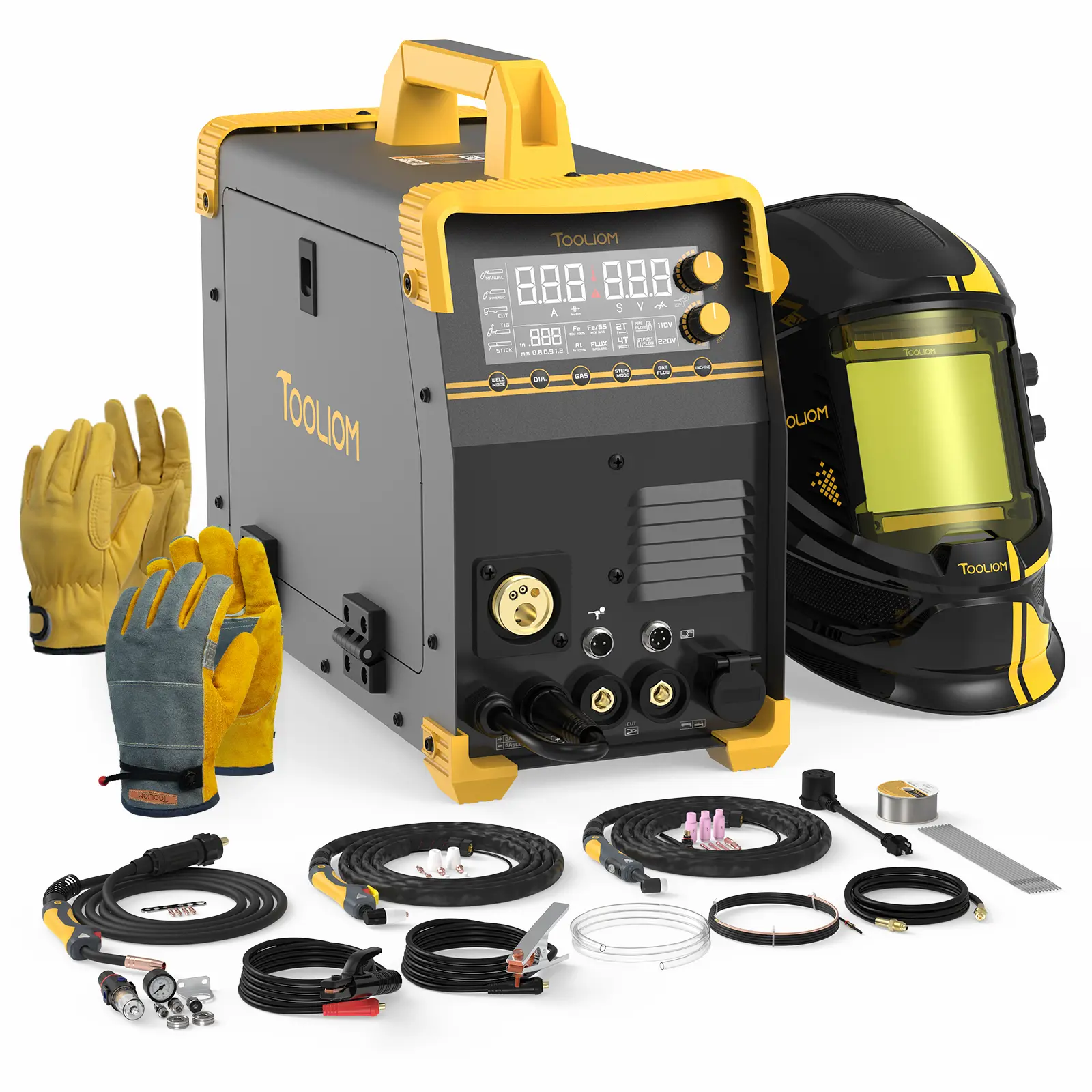 TOOLIOM MCT-520 Welder & Plasma Cutter Protection Bundle - MIG/Flux Core/Spool Gun/TIG/Stick/Cut 6-In-1 Welding Machine, Includes Auto-Darkening Helmet, Gloves, E6013 Rods & E71T-GS Wire