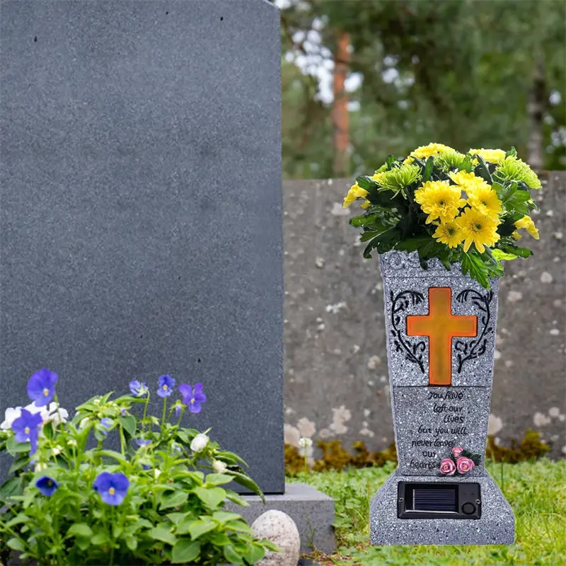 Solar-powered gravestone flower POTS with crosses LED gravestone vases, gravestone decorations with fringe gravestone decorations Memorial gifts for lost loved ones