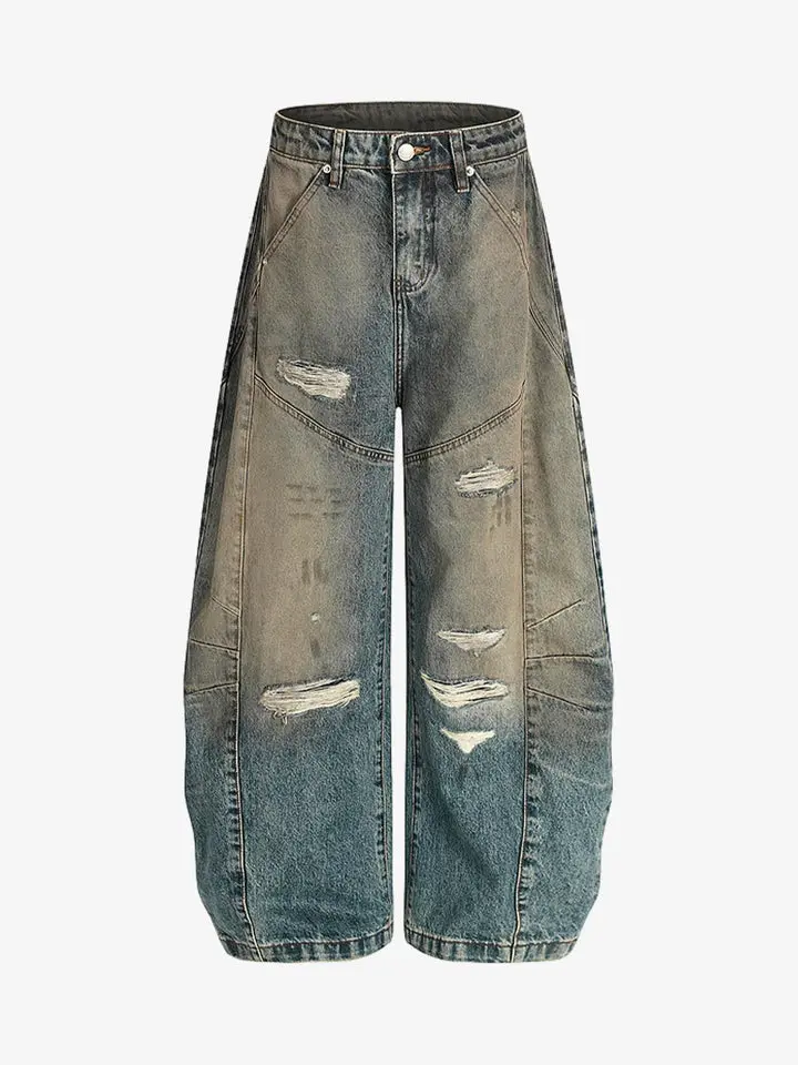 Thesupermade Mud-Dyed Distressed Barrel Jeans | Vintage Faded Orange Stitch Button Fly Streetwear Denim Men
