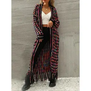 Large size women's casual and fashionable long sweater, colorful striped knitted wool cardigan, autumn and winter loose jacket
