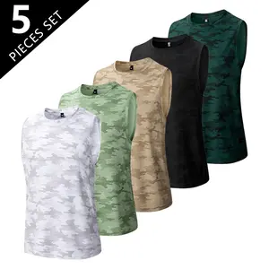 5-Pack Men’s Camouflage Patchwork Color-Block Sleeveless Tank Tops – Fashionable Casual Sports Style, Versatile Crew Neck Sleeveless T-Shirts for Daily Commuting, Comfortable Minimalist Design