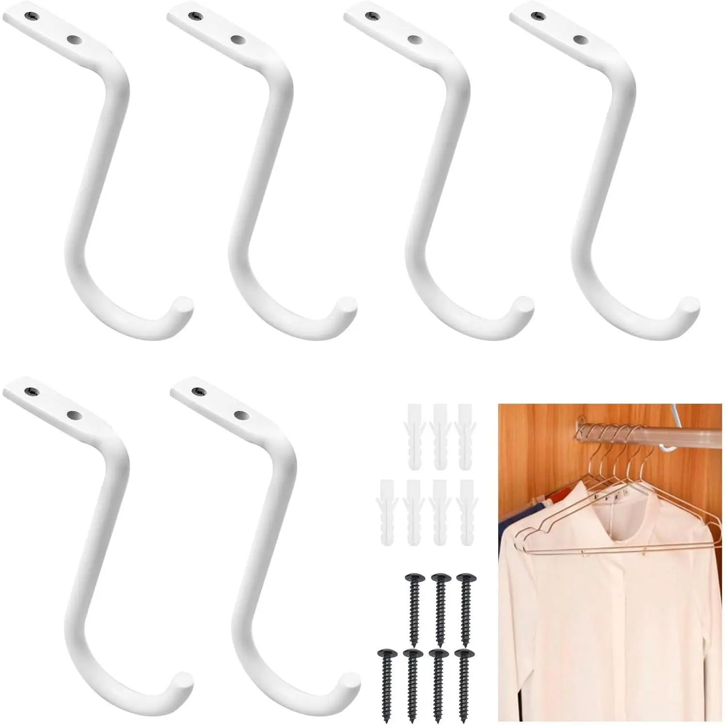 6 Pcs Closet Rod Center Support 1 Inch Heavy Duty Closet Rod Bracket with 14 Pcs Screws Metal Wall Mount Rod Clothes Storage Hanger Wall Mounted Closet Shelf Brackets for Shelf Closet Rod(White)
