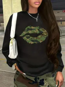 Women's Camo Lip Print Loose Knitted Pullover Sweatshirt, Comfortable Long Sleeve Round Neck Top, Casual Fashion for Fall & Winter