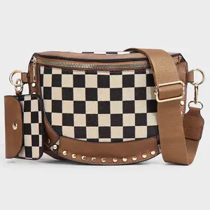 Women's Checkerboard Rivet Chest Bag 2026 Shoulder Messenger Canvas Fanny Pack Bag