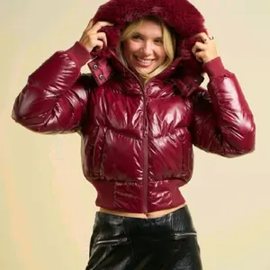 Puffer Jacket - Maroon Quilted Hooded Coat with Faux Fur Trim for Women