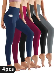 4pcs Women's Fashion Yoga Pants With Pockets | High-Waisted Sport Leggings | Quick Drying Running Workout Trousers | Casual-Style Fitness Apparel