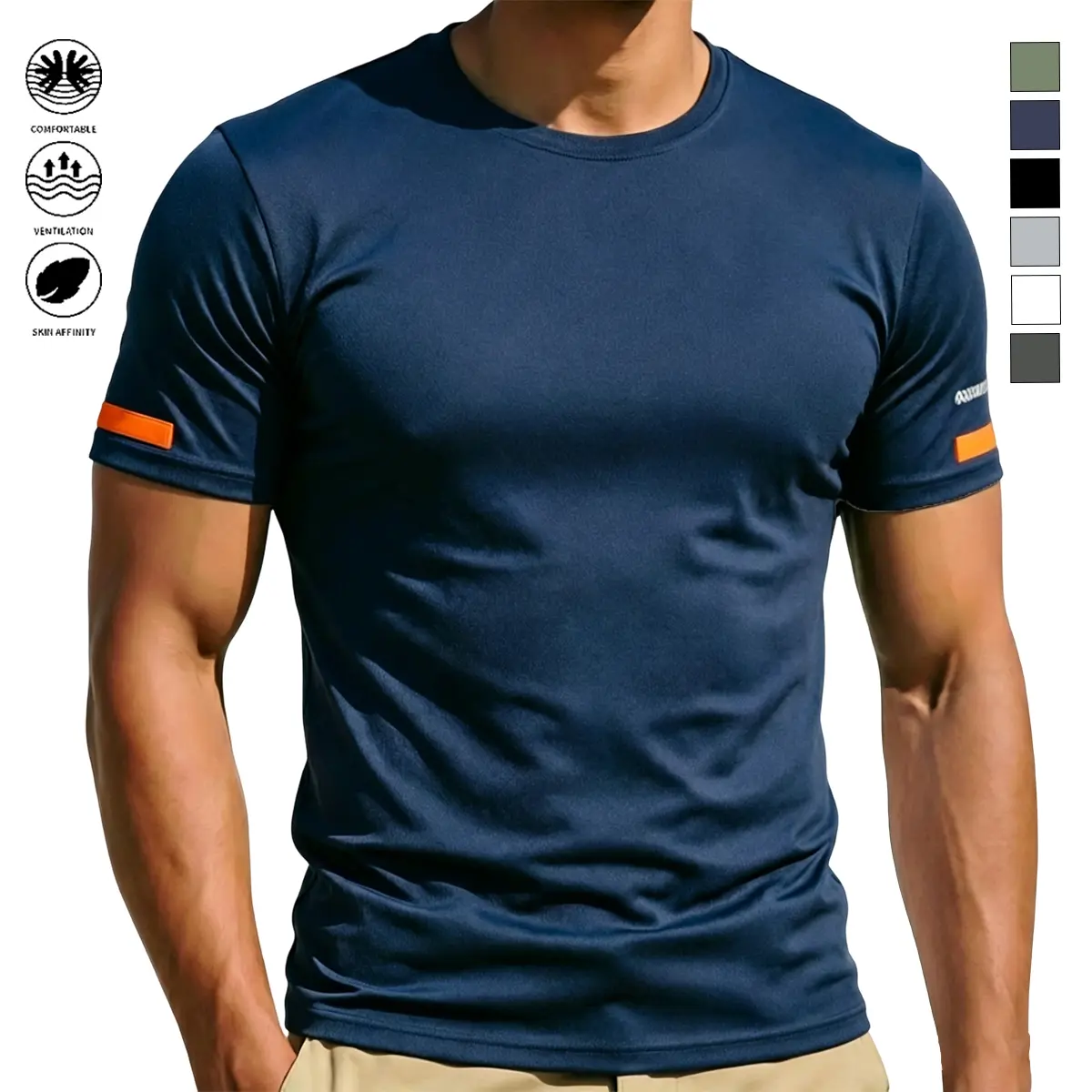 4 Way Stretch Men's Short-Sleeve Polyester T-Shirt - Flexible, High Flex, Colorfast, Wrinkle-Resistant, Dry Effect, Soft Lightweight Crew Neck, Sports Casual Basic Top for Everyday Wear, Fitness, 4 Way Stretch Men's Short-Sleeve T-Shirts, Dry Effect Men's