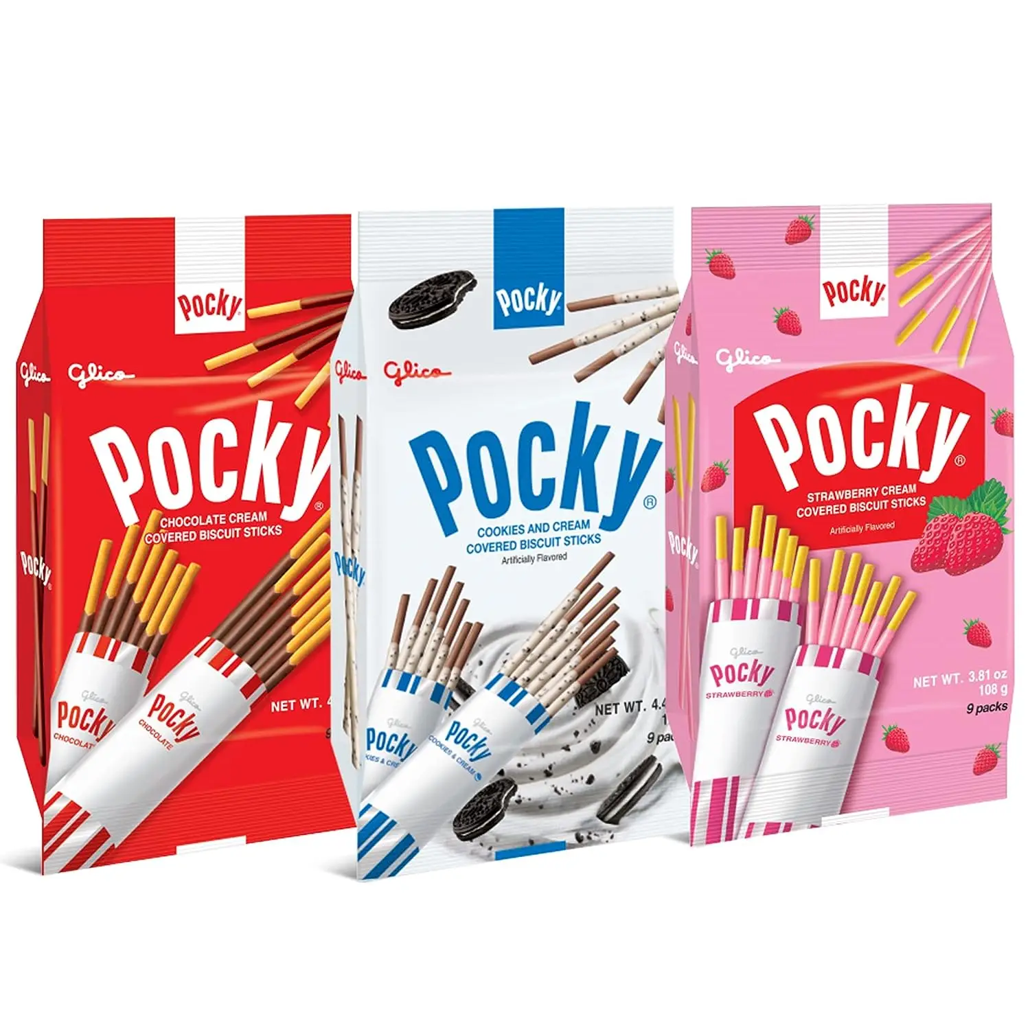 Pocky sticks chocolate Variety Pack of 3 Include: Chocolate, Strawberry and Cookies & Cream
