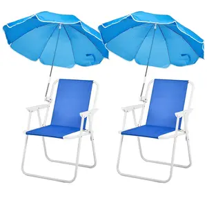 【Summervibes】Ubesgoo 2pcs Folding Beach Chair with Umbrella for Adults, Lightweight Porable Camping Chair with 265lbs Capacity for Travel Picnic Concert & Outdoor Activities, Blue