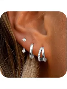 3 Pairs of Earrings Set for Women, Silver Color Studs, Hoops, 925 Sterling Silver, Elegant Design, All Seasons