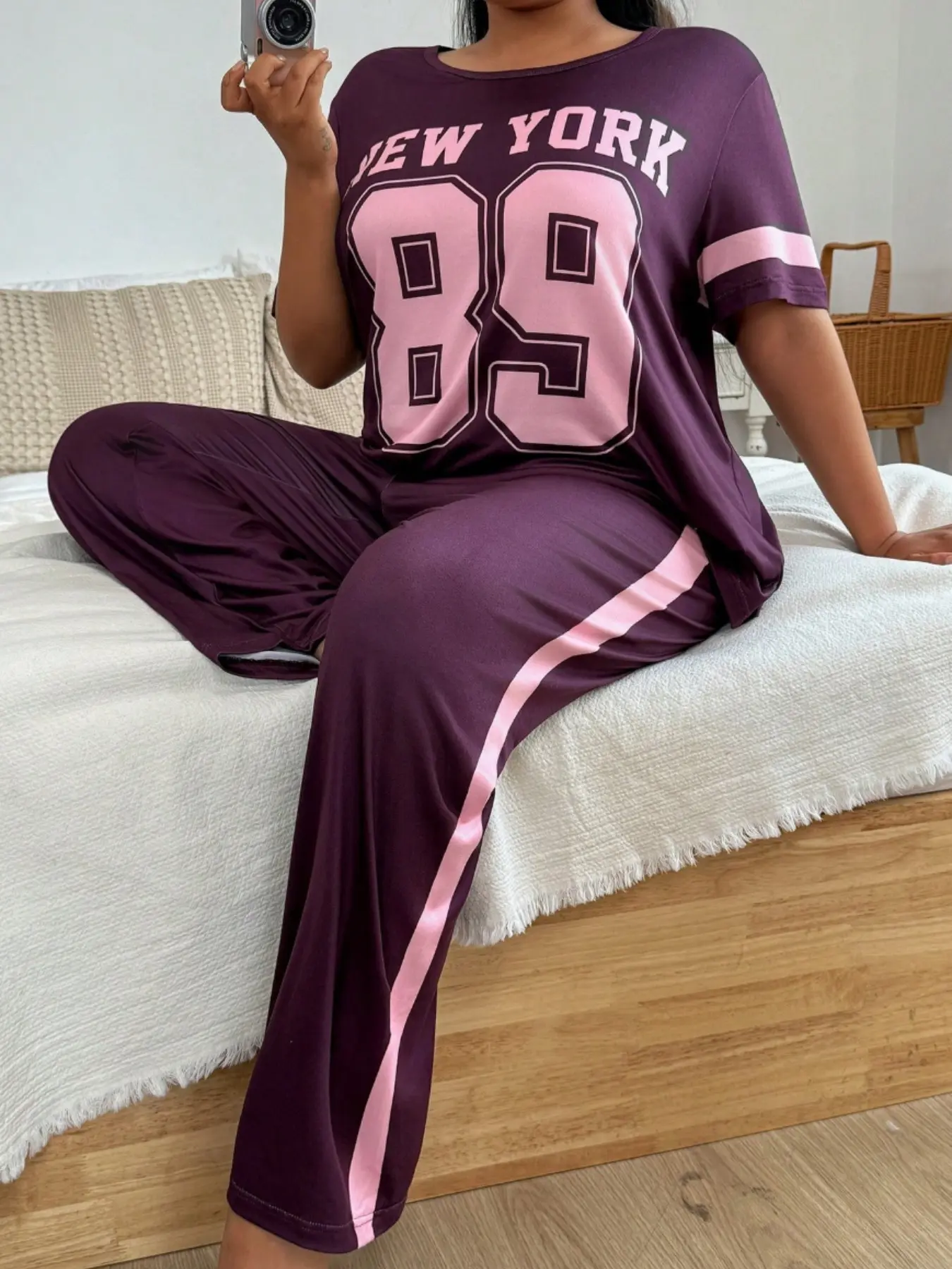 Letter Slogan Number Print Patchwork Color Short Sleeve Long Pants Casual Sleepwear Loungewear Set, Pajama Set, Super Comfortable Home Wear, Sleepwear Pajamas Set, Pyjamas