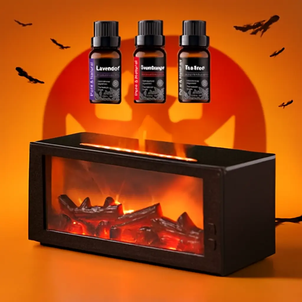 Portable Flame Effect Cool Mist Humidifier - 7-Color Flame Night Light Aromatherapy Diffuser, Essential Oil Compatible, Replacement Lid Included, for Home Bedroom Use (Birthday, Casual, Father's Day, After Dark, Soft Life Picks)