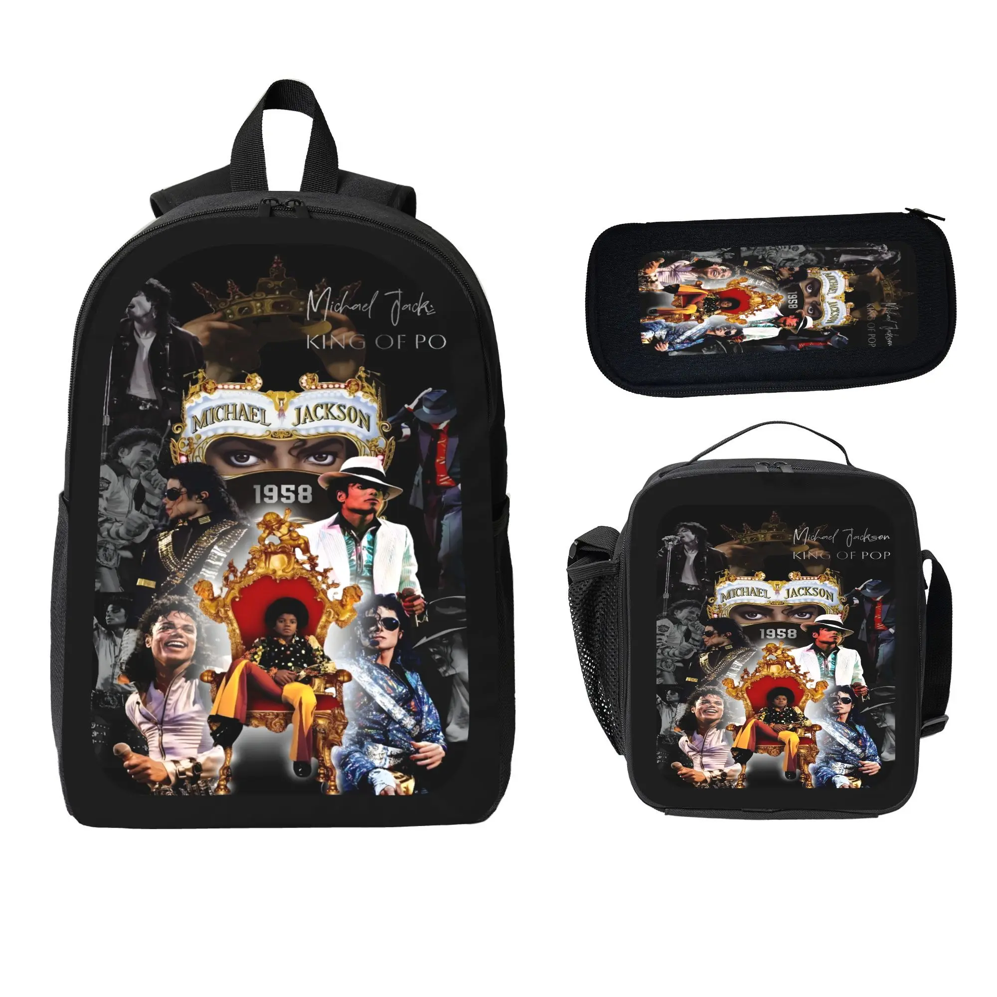 3-Piece Backpack Set, Michael Jackson Themed School Bookbag for Teen Music Fans with Lunch Bag & Pencil Case, Casual Travel Daypack