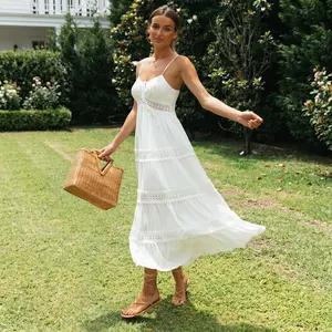 Women's Summer Spaghetti Straps Empire Waist Hollow Out Lace Patchwork Pleated A-Line Long Dress