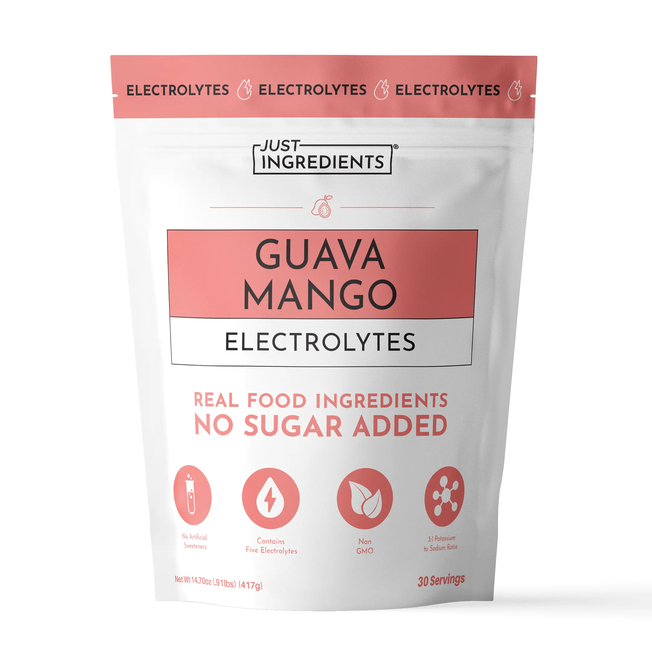 Just Ingredients Guava Mango Electrolytes – 30‑Serving Hydration Drink Mix with Coconut Water, Sea Salt, and Trace Minerals – Supports Hydration, Recovery, and Electrolyte Balance*