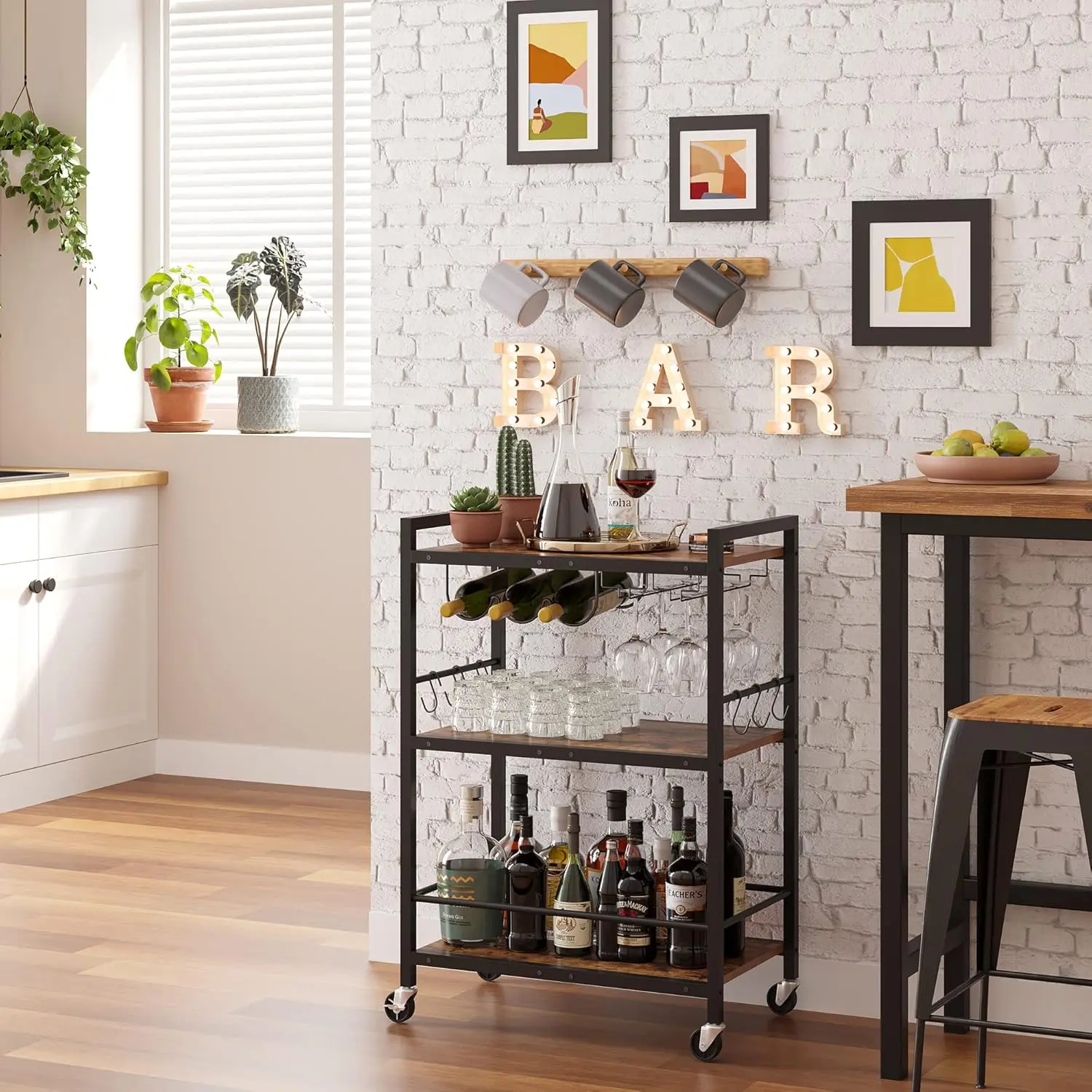 Bar Cart, Serving Cart for , Microwave Cart, Drink Cart, Mobile Kitchen Shelf with  Rack and Glass Holder, Rolling Beverage Cart BC01BB030