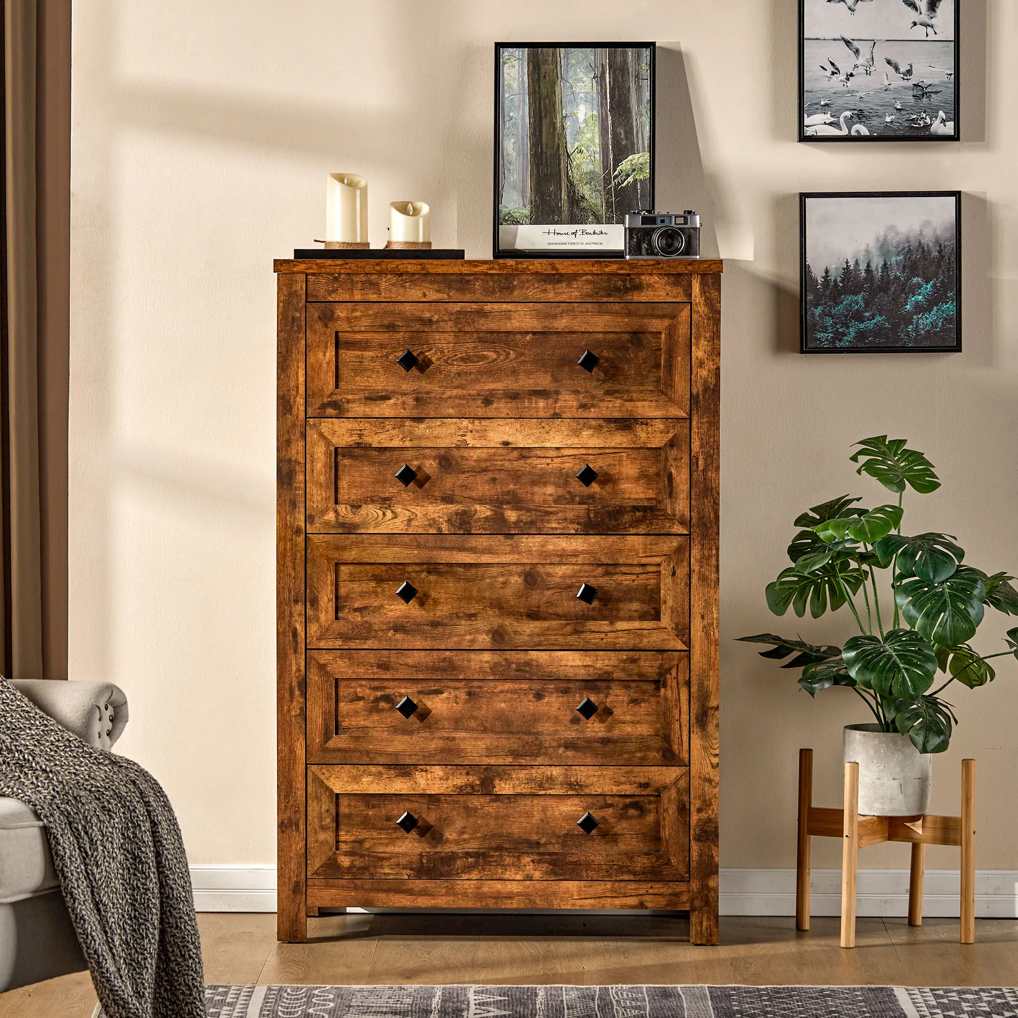 AMERLIFE 5 Drawers Dresser for Bedroom, Tall Chest of Drawers with Vintage Grain Texture, Farmhouse Wood Dresser for Bedroom, Living Room, Hallway