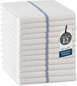 Kitchen Towel Set- 12 Pack 14"x25" Dishtowels for Kitchen, Absorbent 100% Cotton Dish Drying Towels, Cleaning Cloth for Countertops, Soft & Durable, Machine Washable - Blue Stripe