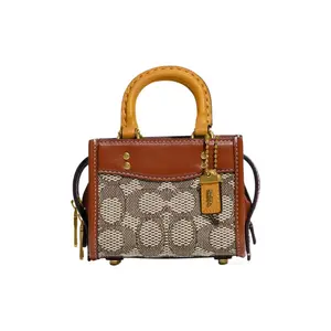COACH Rogue 12 Mini Leather and Jacquard Fabric Shoulder Bag with Classic Logo Zipper for Women in Brown
