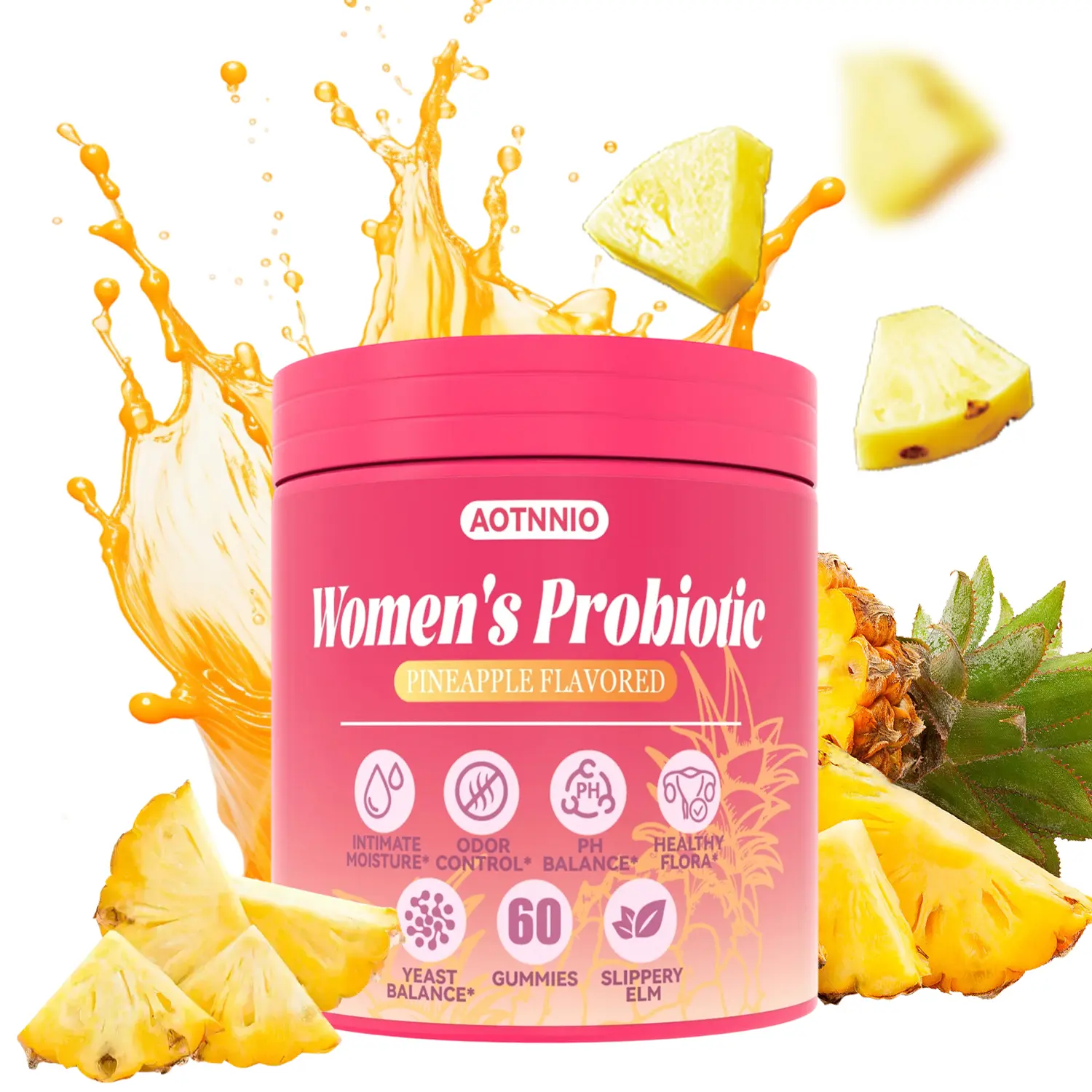 Women's Probiotics Gummies - Pineapple Flavor Support pH Balance & Immune with Slippery Elm, Prebiotics & Lactobacillus, Vegan, Gluten-Free, 60 Gummies