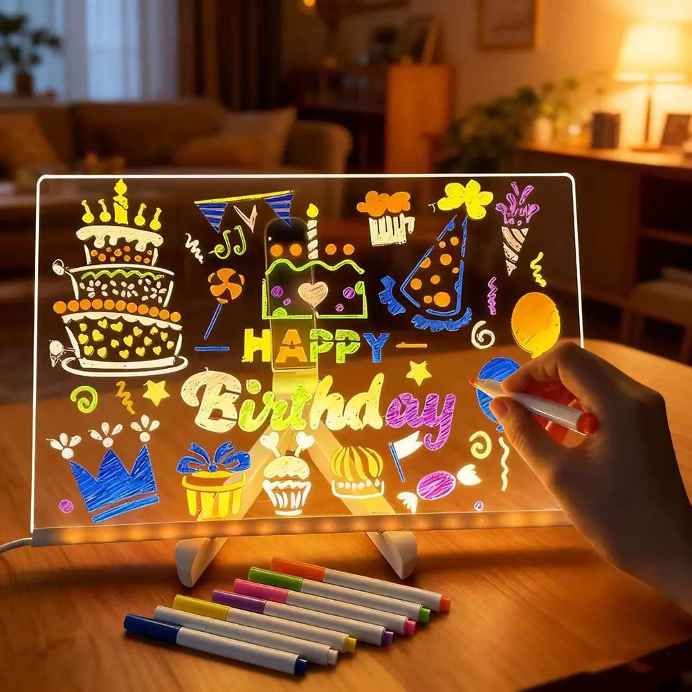 LED Note Board with Colors Acrylic Dry Erase Board 11.8 X 7.9" Clear Light up Dry Erase Board with Stand for Kids 7 Color Markers Neon Sign Mood Lighting