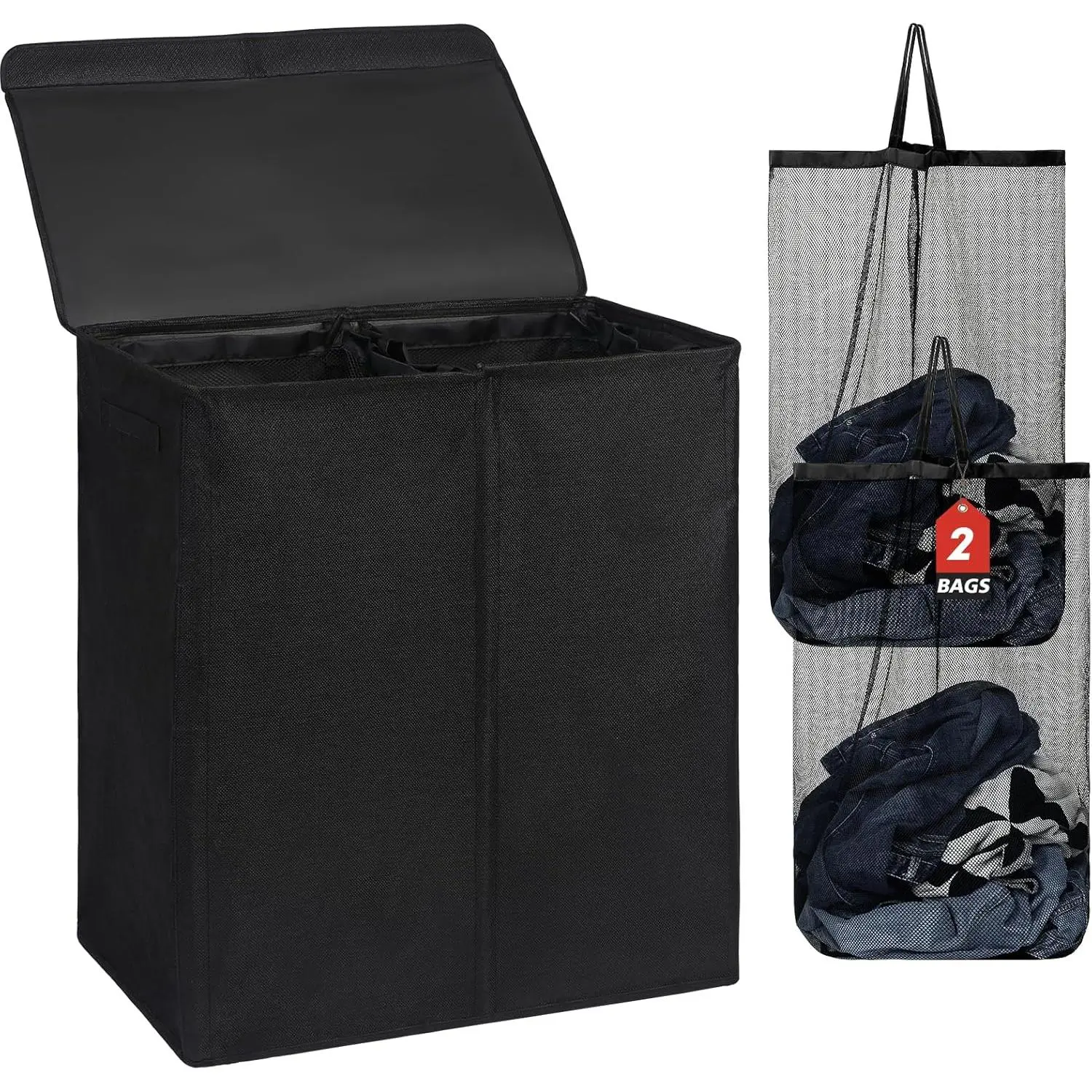 150L Double Laundry Basket with Lid and Removable Laundry Bags, Large Collapsible Laundry Hamper with 2 Sections for Bedroom, Bathroom, Laundry Room, Colloge (Black)