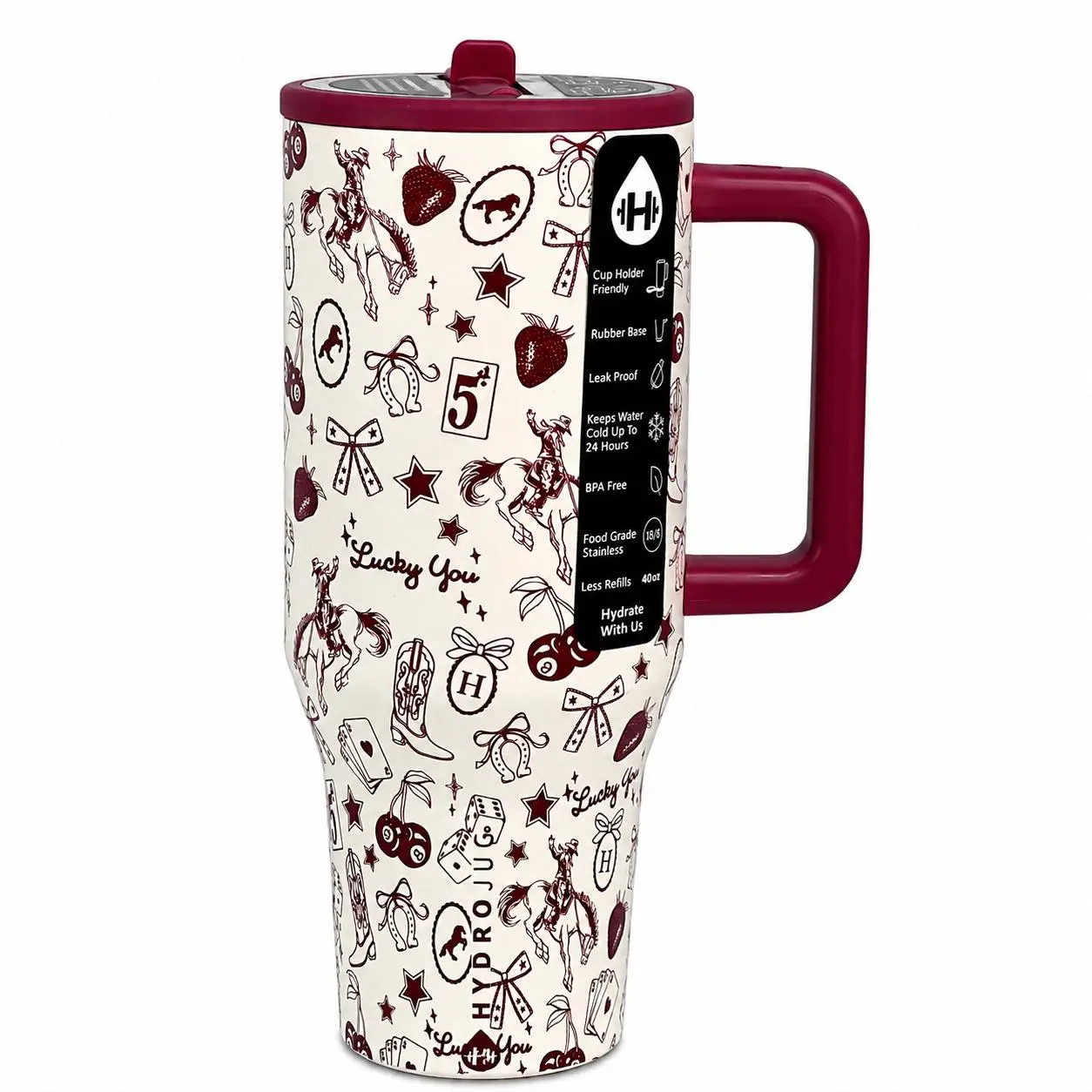 HydroJug 40oz Lucky You Cowgirl Insulated Stainless Steel Tumbler - Women's Portable Aesthetic Drink Bottle with Handle, Straw, Leakproof Lid, Car Cup Holder Compatible for Office, Gifts, Water Bottles, Modern