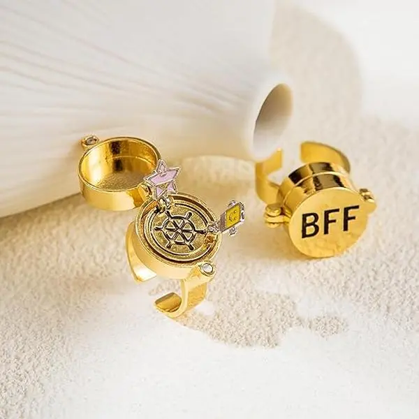 Upgraded BFF Rings with a Hidden Compass! New Fun Buckle Design & Rotating Bearing Mechanism. Aesthetic Cartoon-Inspired Friendship Jewelry Gifts for Besties.