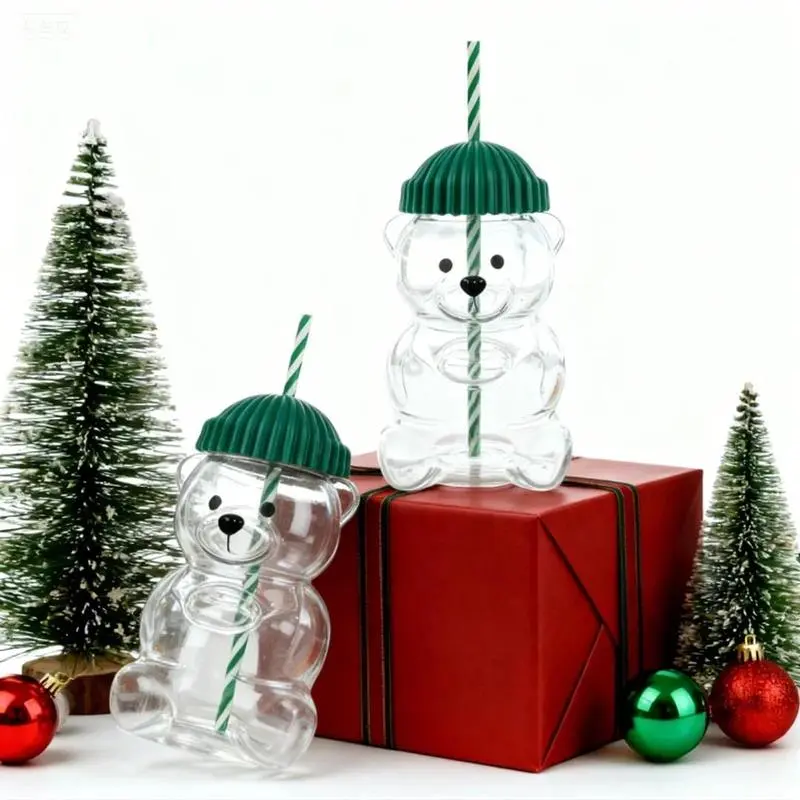 the milk cup,starbear cup,Adorable Teddy Bear Glass Straw Cup Seasonal Drinkware Coffee & Beverage Cup with Green Lids High Borosilicate Glass Tumbler for 2026 Holiday Collection Mug Shaped Tumblers Bottles ice coffee glass