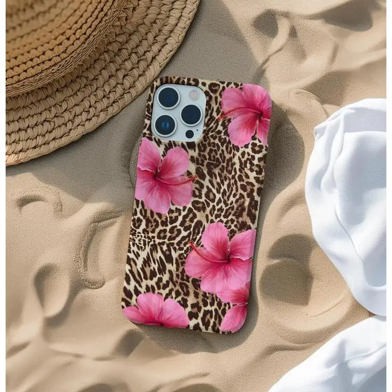 Leopard & Pink Hibiscus Phone Case, Tropical Floral, Animal Print Cover, for iPhone 17 Pro Max Phone Case 17 Air 16E 16 15 Plus 14 13 12 11 X XS Max XR 7 8 Plus Phone Cases