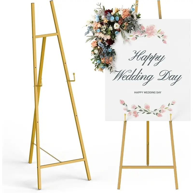 Metal Easel Stand, Metal Square Tube Scroll Display Easel, Vintage Golden Decorative Large Adjustable Floor Standing Easel with Chain Support, Adjustable Art Easel for Display, Wedding Sign, Poster, Artwork