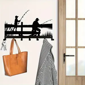 7-Hook Heavy-Duty Cast Iron Key Rack Wall-Mounted Organizer - Rust-Proof Fishing Theme Key Hooks with 7 Hooks (Labeled for Keys, Towels, Coats) - Space-Saving Storage for Entryway, Cabin, Den - Fishing Decor Gift, Key Holder, Men's Room Decor, Coat Hook,