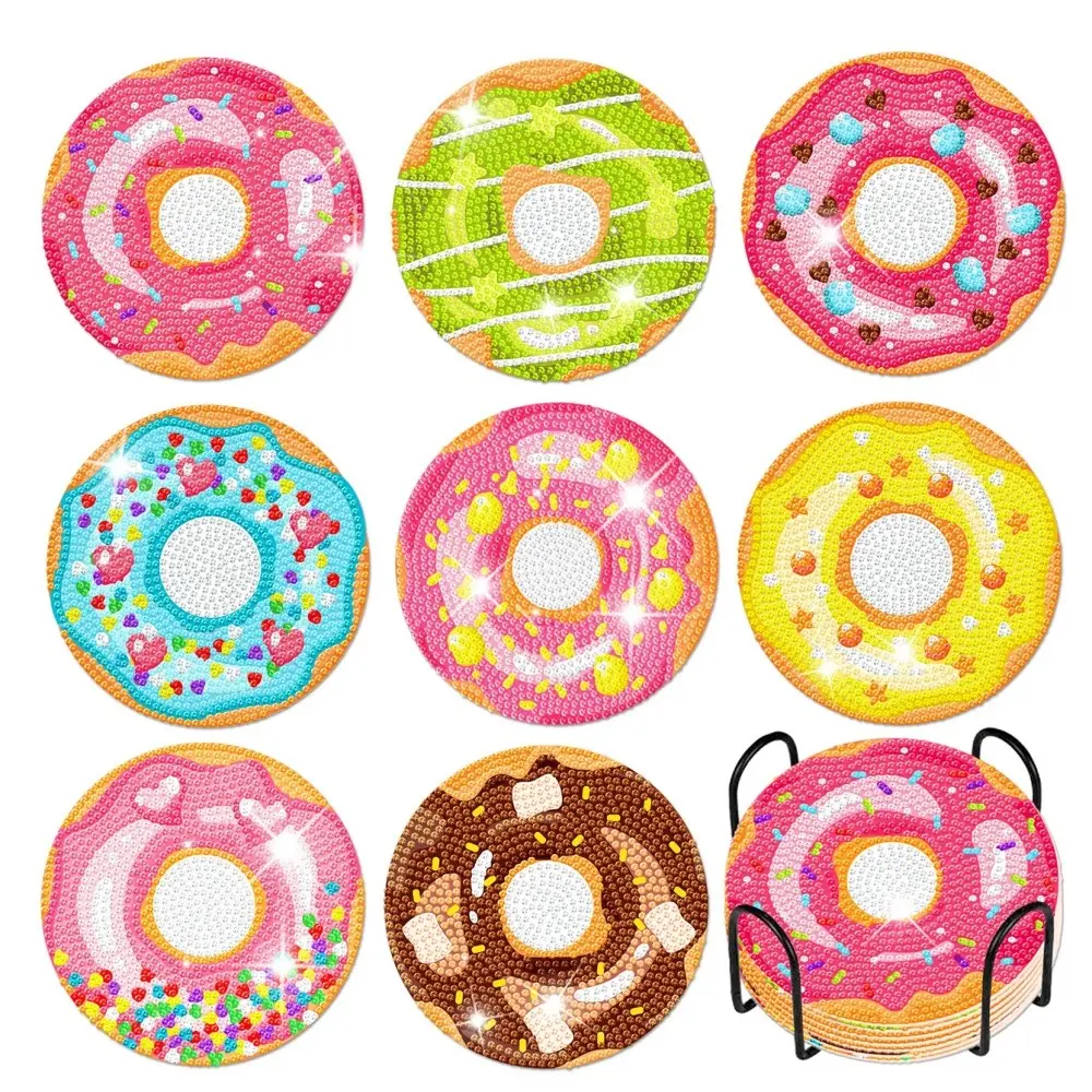 8-Piece Diamond Art Coaster Set with Stand, DIY Donut Pattern Diamond Art Coasters, Suitable for Adults & Beginners, Perfect Gift, Diamond Painting Coasters