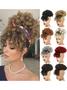 Women Drawstring Hair Bag, African Loose Curl Ponytail Extension, Bangs Flower Braid Style, High Crown Heat Resistant Fiber Wig Piece