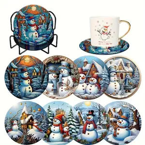 Snowman Cartoon Series DIY Coaster, 8 Counts/set DIY Diamond Arts Colorful Painting Kit Coaster with Coaster Holder, DIY Decorative Coaster, Round Coaster, Wooden Coasters, Diamond Painting Coasters