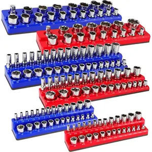 Magnetic socket organizer, 6-piece socket holder kit, suitable for 1/2, 3/4, 1/3 sockets, can hold 143 SAE and metric sockets, red and blue dual color, professional quality tool organizer, heavy-duty and durable.
