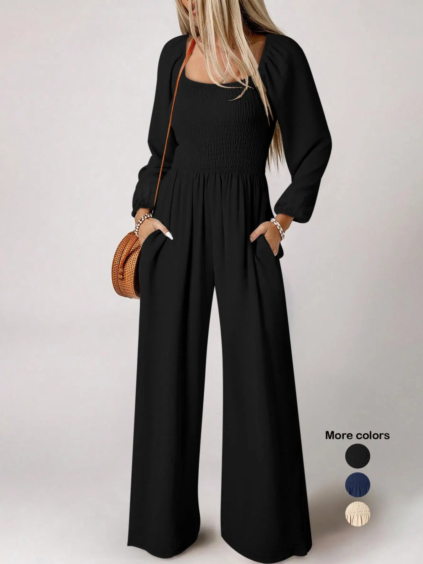 Women's Solid Shirred Pocket Jumpsuit, Elegant Chic Long Sleeve Bishop Sleeve Square Neck Jumpsuit for Fall & Winter, Women's Clothes for Daily Wear, Womenswear, Fashion