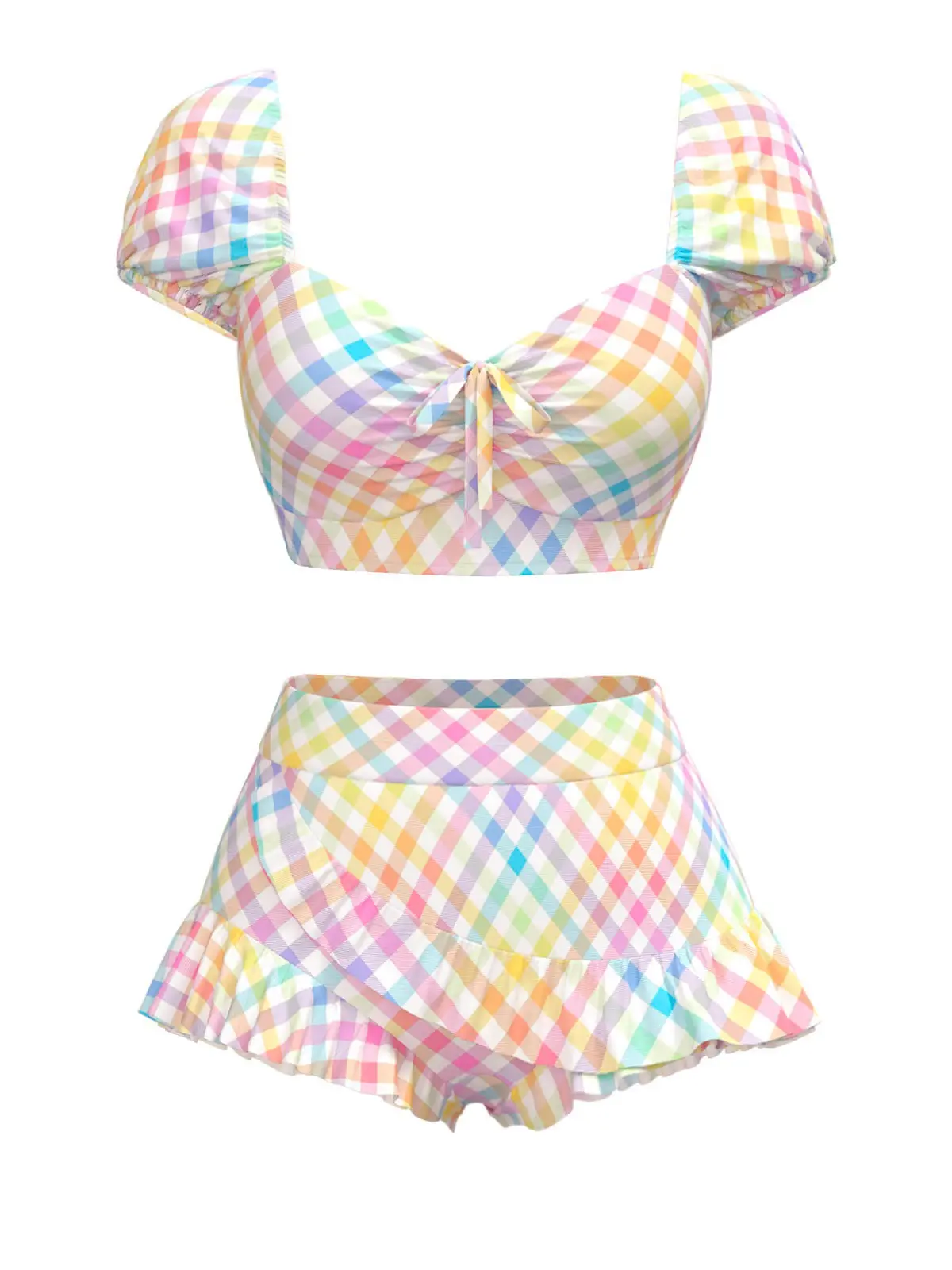 Multicolor 1970s Rainbow Puff Gingham Plaid Bikini Setvacation swimwear for women cute summer outfits Fashion Chic Swimsuit BackToSchool