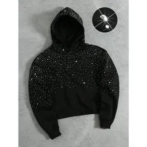 Men’s rhinestone-embellished loose-fit casual pullover hoodie sweatshirt; diamond/star/crystal rhinestones available; cropped hoodie option; great gift for your boyfriend; back-to-school black rhinestone hoodie