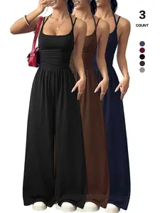 Women's Casual Jumpsuits, Sleeveless Spaghetti Strap Square Neck High Waisted Wide Leg Palazzo Pants, Loose Lounge Rompers
