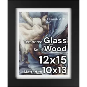 12x15 Black Solid Wood Poster Frame, White Mat for 10x13 Image, Tempered Glass Front, High-End Heavy-Duty Gallery Grade Acid-Free