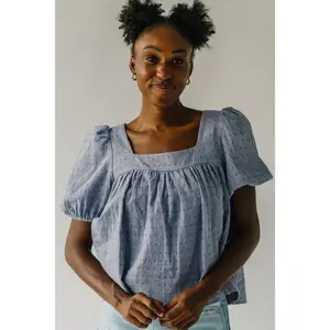 The Waronsky Jacquard Puff Sleeve Blouse in Dusty Blue