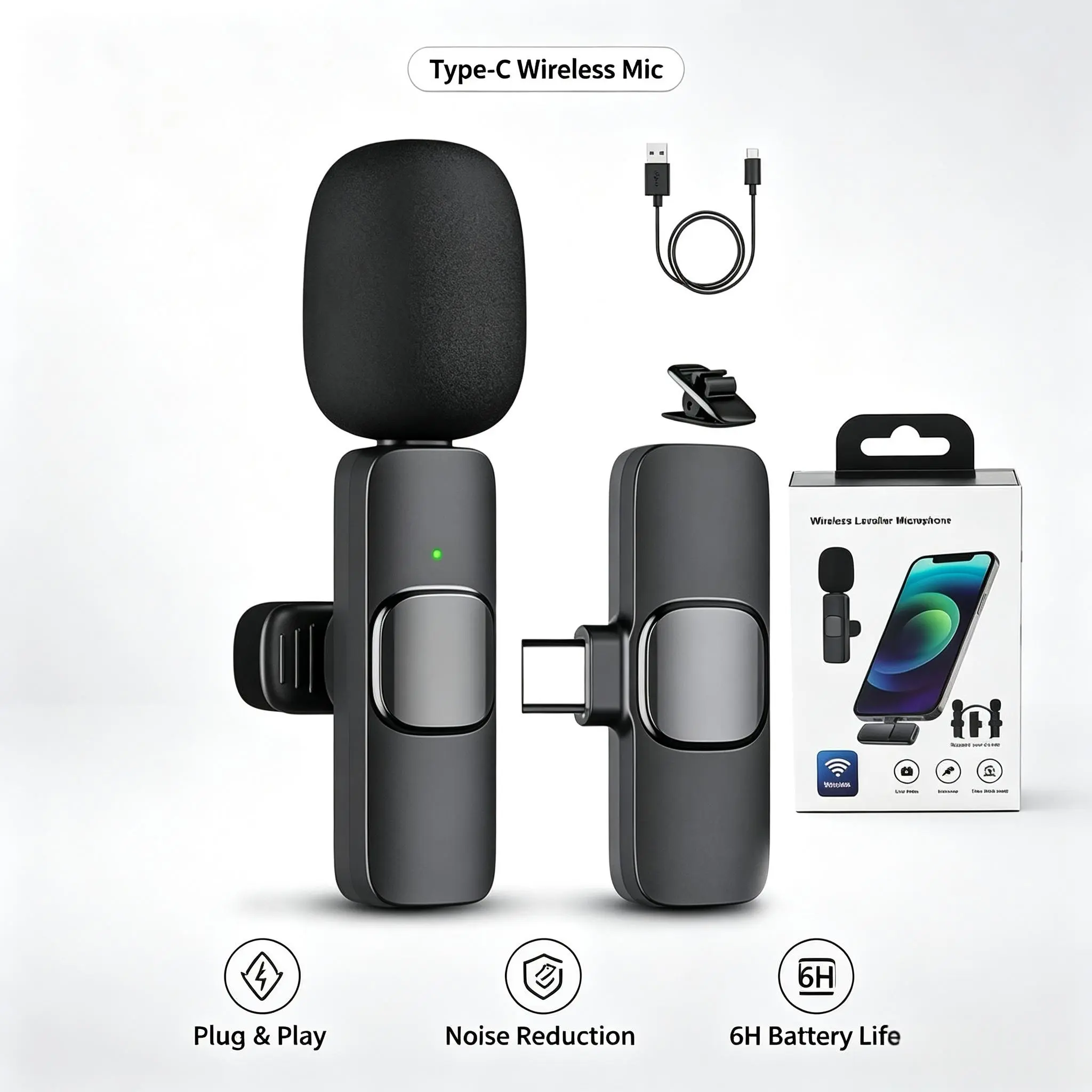 Voice-Control Wireless Lavalier Microphone, 360 °   Noise Cancellation, USB-C Rechargeable & Windscreen for Live Streaming, Podcasting, Gaming, Zoom Meetings