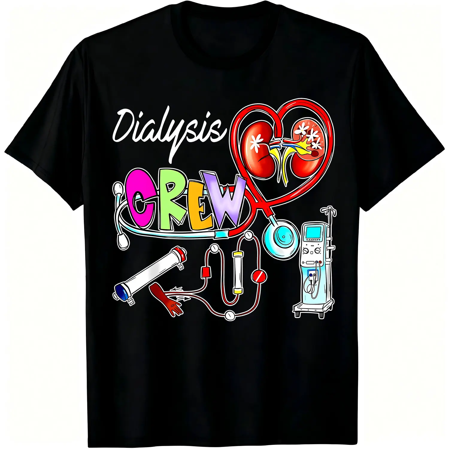 Menswear Cotton Dialysis Crew Tee - Nephrology Technician Top, Kidney & Stethoscope Renal Care Graphic, Fashion Short-Sleeve Casual Uniform, Machine-Washable Round-Neck T-Shirt