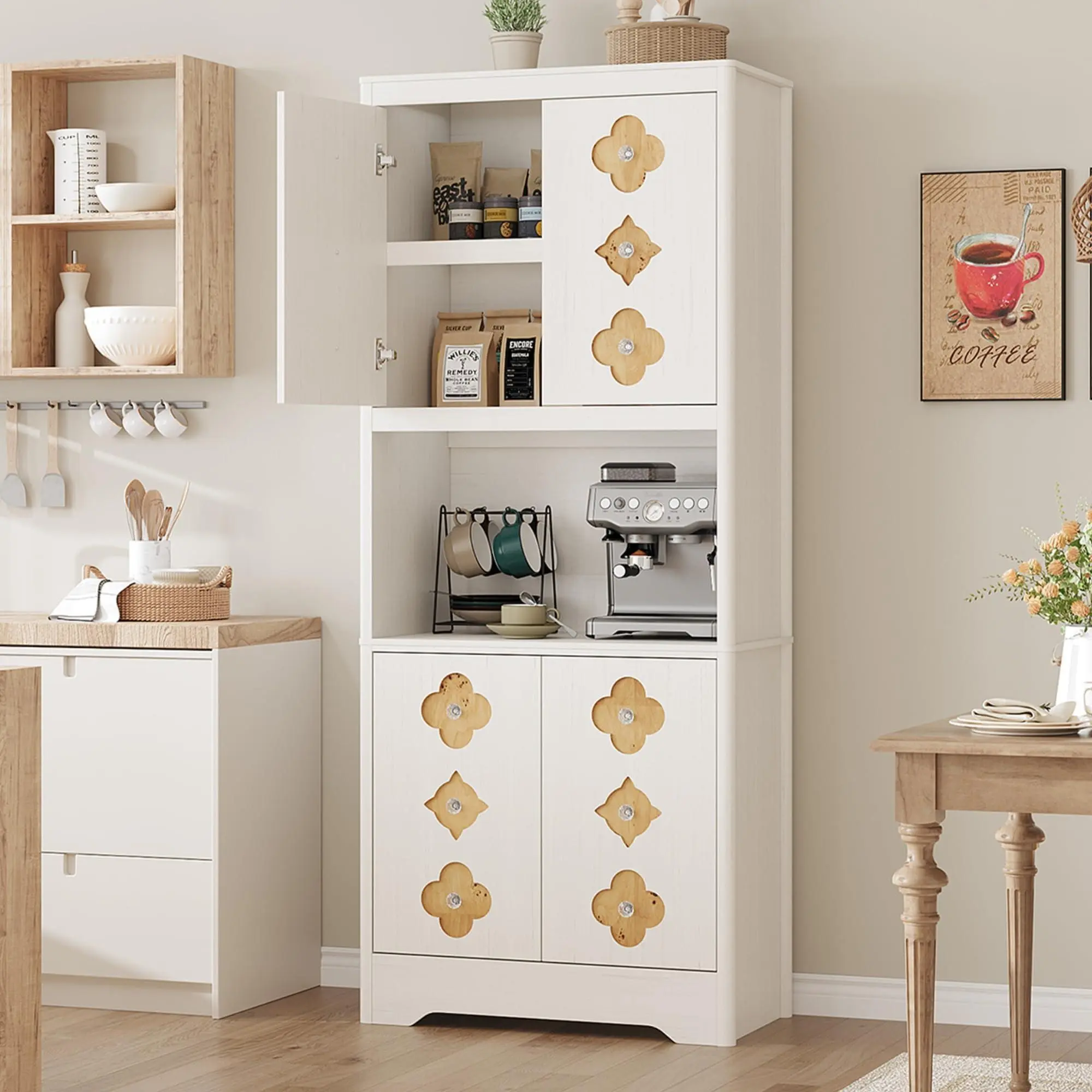 GARVEE Antique White Mid-Century Modern Freestanding Kitchen Pantry Cabinet, 72" Tall Wooden Storage Cabinet with Microwave Shelf, Carved Flowers Door & Crystal Handle for Dining Room