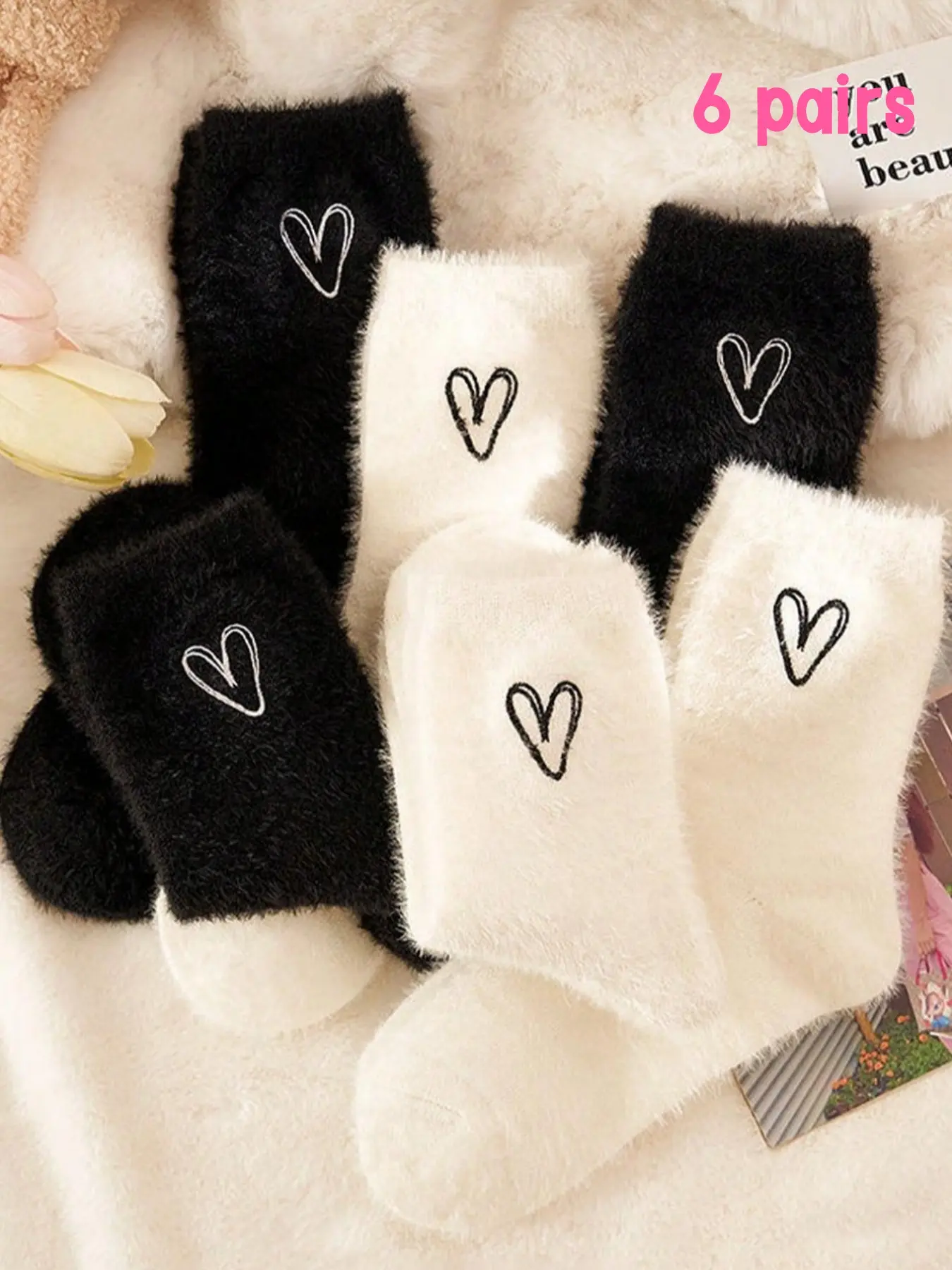 6 Pairs Sock Packs Men Women Fuzzy Cute Thick Socks Heart Shape Warm Socks for Fall Winter, Soft Comfortable Indoor Wear, Soft Comfy Socks
