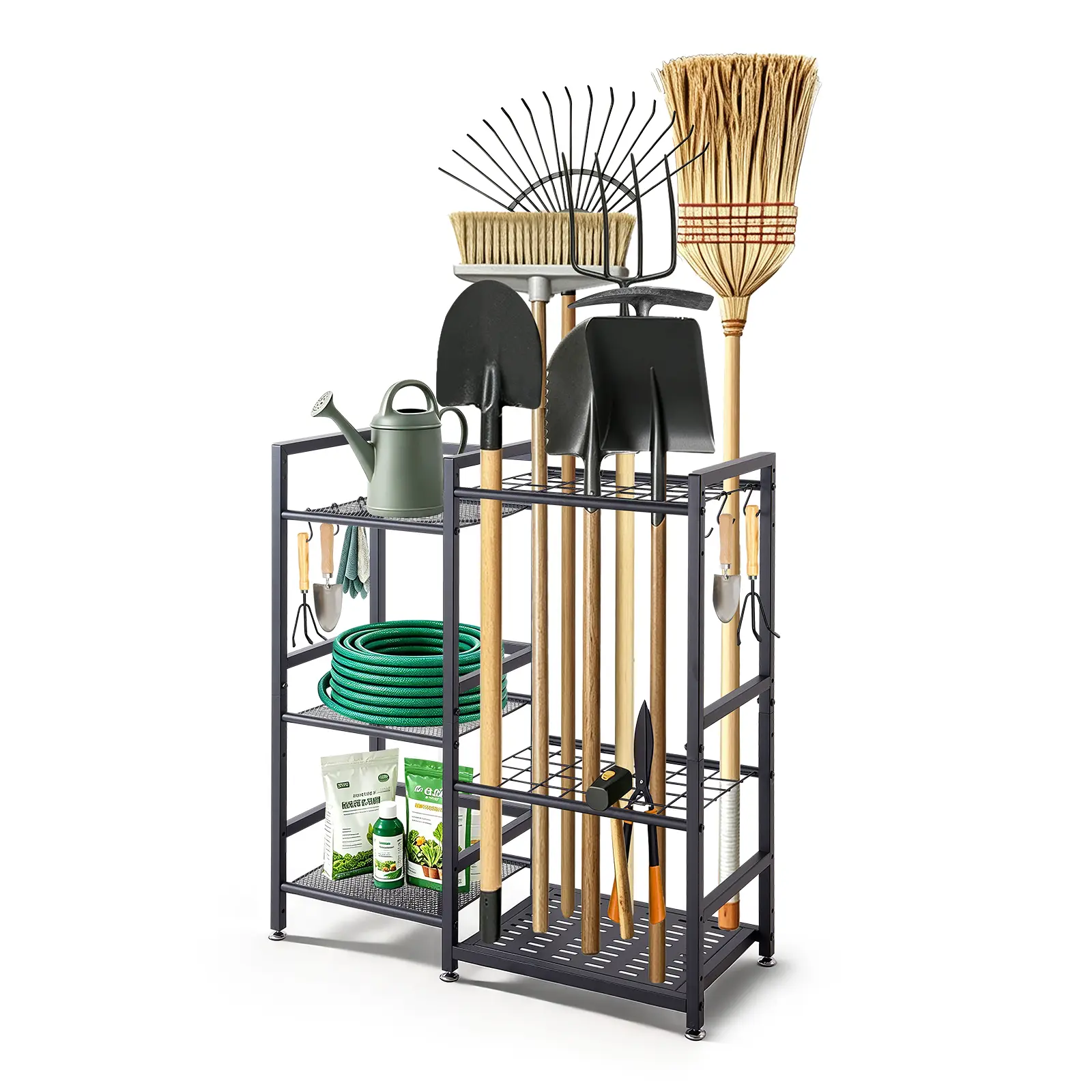 VEVOR Garden Tool Organizer with Guard Rail, 3-Tier Metal Storage Rack, for Rakes/Shovels/Brooms, Yard Utility Holder for Garage/Shed/Outdoor/Lawn Organization, Heavy-Duty Steel, with Hooks, Black