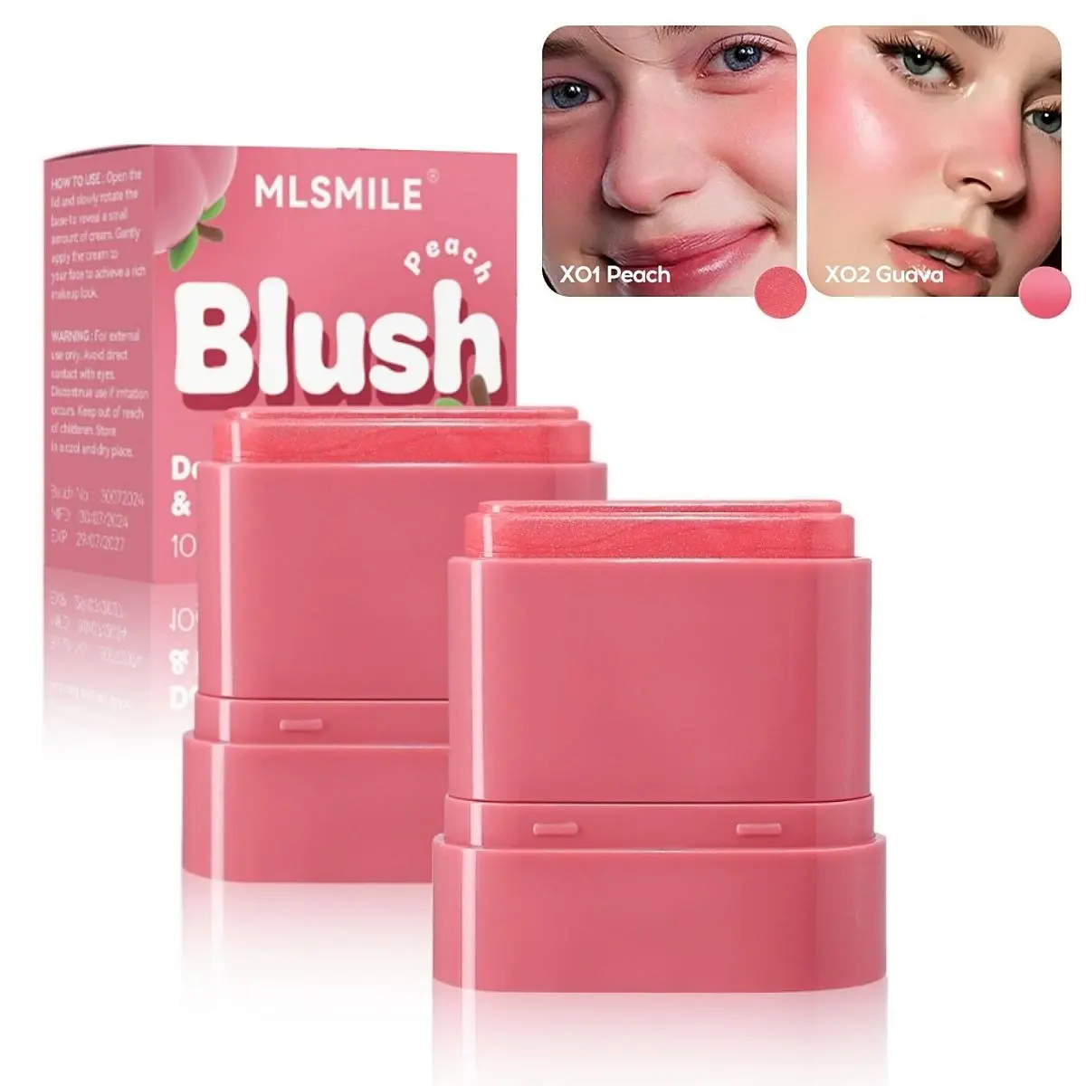 MLSMILE 2-in-1 Blush and Lipstick Stick, 2 Pcs Cosmetic Set for Cheeks & Lips, Highlighter and Contour for Glowing Skin, Peach & Guava, For All Skin Types, Compact
