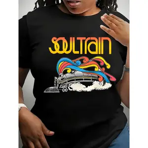 [Vibrant Soul Train Tee] Vibrant Plus Size Women's Fashion T-Shirt - "Soul Train" Graphic, Stretchy Polyester Blend, Round Neck Short Sleeve - Colorful & Comfortable Casual Wear